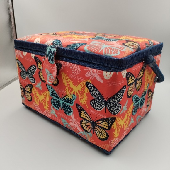 Large Butterfly Sewing Kit Storage Box - Red & Blue Fabric - Removable Organizer - Picture 3 of 15